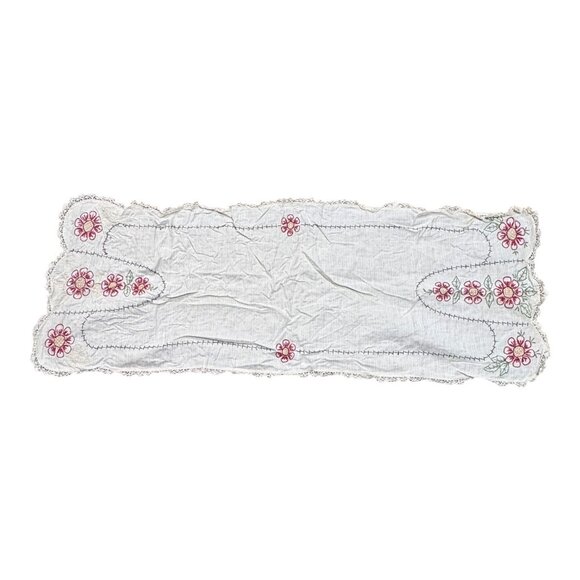 Vintage Embroidered Floral Table Runner Linen Cottage Granny Core Lace Trim READ - Picture 2 of 6